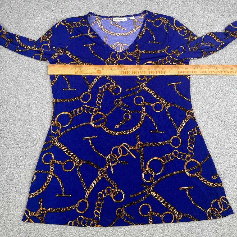 Susan Graver Liquid Knit Top Womens XS Blue Equestrian Chain Print V Neck Tunic - Picture 6 of 11